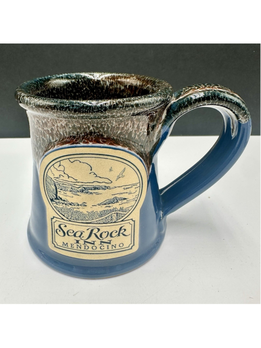 Deneen Pottery Sea Rock Inn Mendocino California Hand Thrown Mug Blue 16 oz SEE